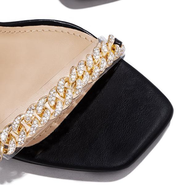 Susiecloths Gold-Tone Chain Embellished Ankle Strap Chunky Heels