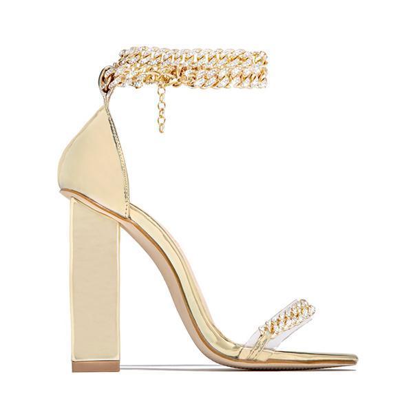 Susiecloths Gold-Tone Chain Embellished Ankle Strap Chunky Heels