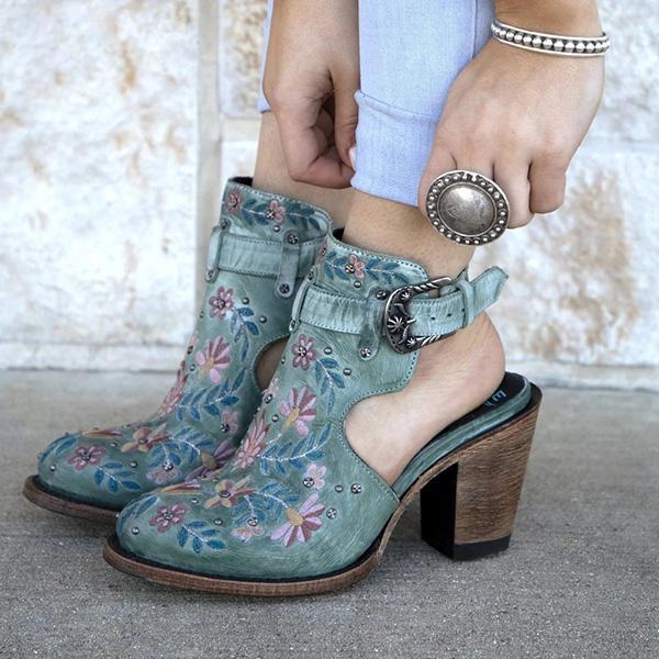 Susiecloths Vintage Floral Embroidery Round Toe Ankle Bootie